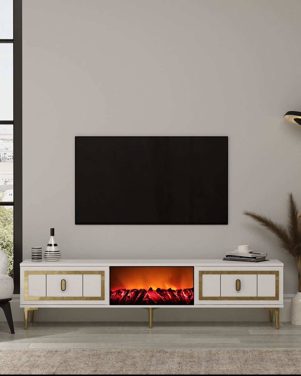 Comoda TV, Hanah Home, Orion Fireplace, 150x44.6x29.6 cm, PAL , Alb/Auriu - imagine 7